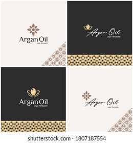Vector pattern Logo, symbol, template, emblem, sticker, packaging or icon vector design in Argan Oil seed, leaf, flower shape for beauty, cosmetics, skin care, oil brand in trendy linear style
