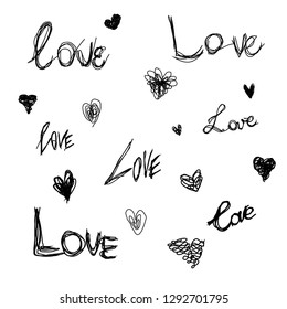 vector pattern of love scribble and hearts, outline sketch
