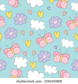 Vector pattern with lovely cute butterfly on green background. Spring pattern with butterflies, flowers ,cloud and heart.