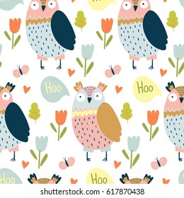 Vector pattern with lovely cute owls on white background. Spring pattern with owls, butterflies, flowers and leaves. 