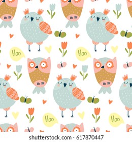 Vector pattern with lovely cute owls on white background. Spring pattern with owls, butterflies, flowers and leaves. 