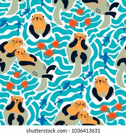 Vector pattern with lovely sea otters, fishes and sea urchins in trendy flat style. Beautiful design for fabric