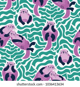 Vector pattern with lovely sea otters in trendy flat style. Beautiful design for fabric