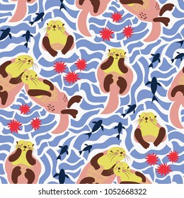 Vector pattern with lovely sea otters, fishes and sea urchins in trendy flat style. Beautiful design for fabric