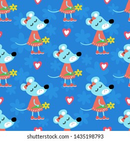 Vector pattern. Loving mouse girls on a blue background with hearts. For textile, background, fabric, wrapping paper, Wallpaper, postcards.