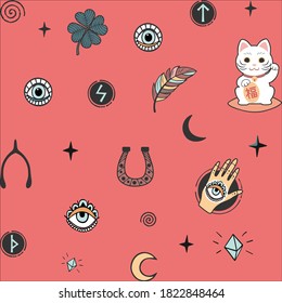 Vector pattern with lucky charms icons symbols isolated on pink background.Good luck.Talismans.Clover,runes, spiral curls,hand with all-seeing eye,feathers,stars,moon,cat,crystals.Paper design.T shirt