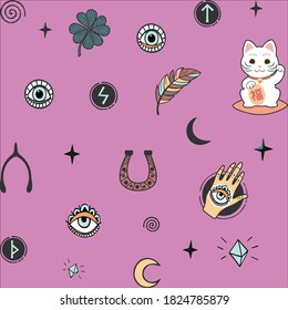 Vector pattern with lucky charms icons symbols isolated on violet pink lilac background.Good luck.Talismans.Clover,runes,spiral curls,hand with all-seeing  eye,feathers,stars,moon,cat,crystals.Paper