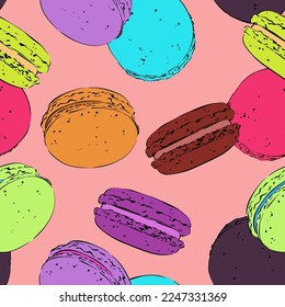 Vector pattern macarons. Multicolored background. Colorful food. Delicious sweets.