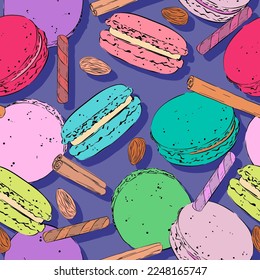 Vector pattern macarons. Multicolored background. Colorful food. Delicious sweets. almond, cinnamon