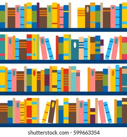 Vector pattern made of books and shelves. Seamless tiling library background. Abstract literary concept. Education ornament for wrapping paper. Presentation, publication, back to school print texture