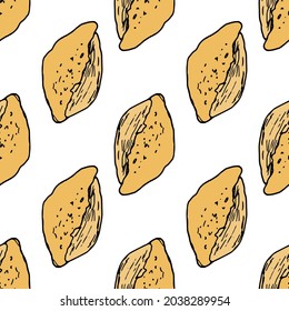 Vector pattern made of bread. Seamless pattern of yellow oval-shaped bread with sharp edges, top view and hand-drawn in the style of doodles with a black outline on a white background. a stylized simp