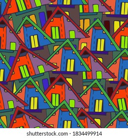 Vector pattern made of hand-drawn red and green roofed houses