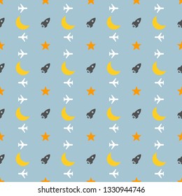 Vector pattern made with rocket and moon on blue background.