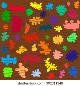 Vector pattern made with vivid colored spots isolated on wooden background. Design element. Stationery, wallpaper, postcard, printed production, textile. 