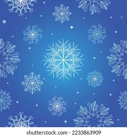 Vector pattern with magical snowflakes on a dark blue background.