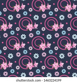 Vector pattern of magnolia flowers, beads and decor