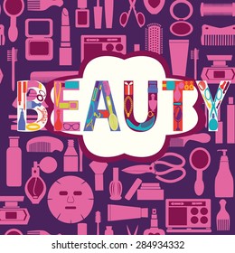 Vector pattern of makeup cosmetic and beauty silhouettes set icon background - Illustration