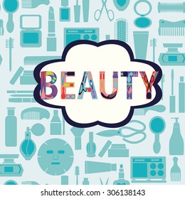 Vector pattern of makeup cosmetic and beauty silhouettes set icon background - Illustration