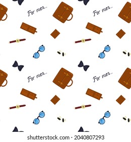 Vector pattern of male objects. Men's accessories isolated on a white background: watch, cufflinks, purse, glasses, briefcase.