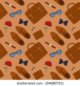 Vector pattern of male objects. Men's accessories isolated on a white background: watch, cufflinks, purse, glasses, briefcase.