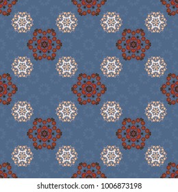 Vector pattern with Mandalas, flower paisley. Seamless Indian motif in brown, beige and blue colors. Ornamental floral print on wallpaper, linoleum, textile.