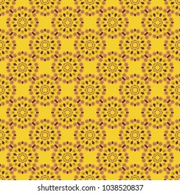 Vector pattern with Mandalas, flower paisley. Seamless Indian motif in yellow, orange and brown colors. Ornamental floral print on wallpaper, linoleum, textile.