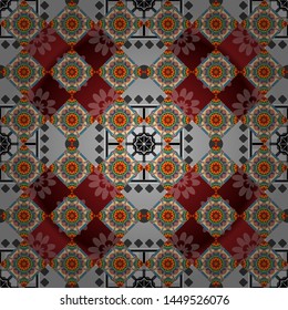 Vector pattern with Mandalas, flower paisley. Seamless Indian motif in pink, gray and blue colors. Ornamental floral print on wallpaper, linoleum, textile.