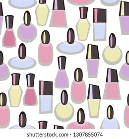 Vector pattern with manicure symbols with nail polishes in cartoon style, blue, yellow, pink and lilac. Modern design for the beauty industry.