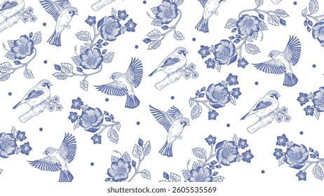 Vector pattern of many blue birds and flowers with a vintage style and luxury, perfect  for printing on fabric, etc.