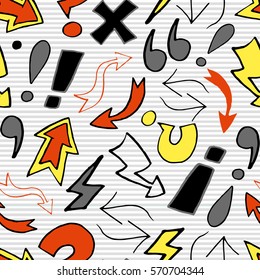 Vector pattern with many cartoon arrows, pointers and various signs on stripes background. Seamless pattern can be used for wallpaper, pattern fills, web page background,surface textures.
