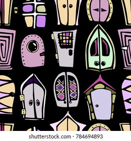 Vector pattern with many closed doors and man on a black background. Seamless pattern can be used for wallpaper, pattern fills, web page background,surface textures.