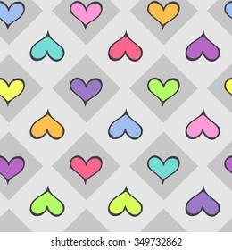 Vector pattern with many colorful emblems of hearts on grey square background. Seamless pattern can be used for wallpaper, pattern fills, web page background,surface textures.