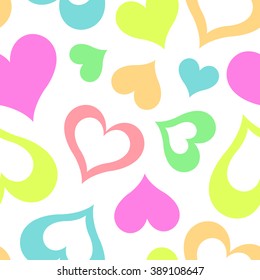 Vector pattern with many colorful emblems of hearts on white background. Seamless pattern can be used for wallpaper, pattern fills, web page background,surface textures.
