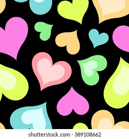 Vector pattern with many colorful emblems of hearts on black background. Seamless pattern can be used for wallpaper, pattern fills, web page background,surface textures.