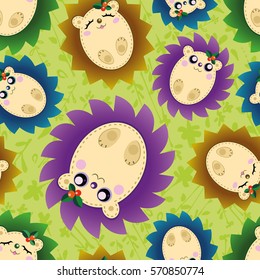Vector pattern with many colorful hedgehogs on green grass background. Seamless pattern can be used for wallpaper, pattern fills, web page background,surface textures.