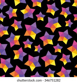 Vector pattern with many colorful rainbow stars on black background. Seamless pattern can be used for wallpaper, pattern fills, web page background,surface textures.