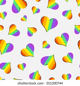 Vector pattern with many colorful rainbow emblems of hearts on light grey background. Seamless pattern can be used for wallpaper, pattern fills, web page background,surface textures.