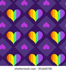 Vector pattern with many colorful rainbow emblems of hearts on dark blue squares background. Seamless pattern can be used for wallpaper, pattern fills, web page background,surface textures.