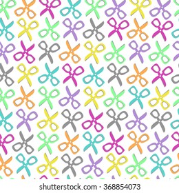 Vector pattern with many colorful scissors on white background. Seamless pattern can be used for wallpaper, pattern fills, web page background, surface.