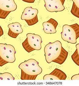 Vector pattern with many cupcakes on light yellow background. Seamless pattern can be used for wallpaper, pattern fills, web page background,surface textures.