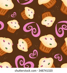 Vector pattern with many cupcakes and pink pretzels-hearts on a dark brown background. Seamless pattern can be used for wallpaper, pattern fills, web page background,surface textures.
