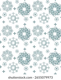 Um padrão vetorial de muitos elementos diferentes de um tom esverdeado claro, semelhante a corações, flores, botões, cachos.
