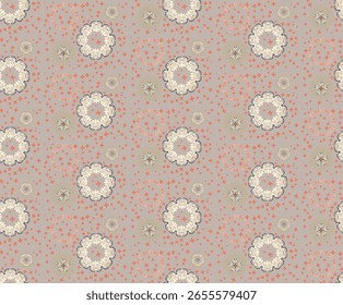 Vector pattern of many different elements in the form of flowers, hearts, curls of orange, brown, gray colors.