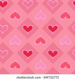 Vector pattern with many emblems of hearts on pink square background. Seamless pattern can be used for wallpaper, pattern fills, web page background,surface textures.