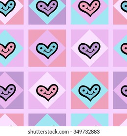 Vector pattern with many emblems of smiling hearts on colorful square background. Seamless pattern can be used for wallpaper, pattern fills, web page background,surface textures.