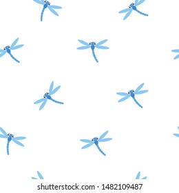 Vector pattern with many light blue dragonflies on white background. Seamless pattern can be used for wallpaper, pattern fills, web page background,surface textures.