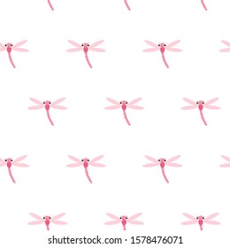 Vector pattern with many pink dragonflies on white background. Seamless pattern can be used for wallpaper, pattern fills, web page background,surface textures.