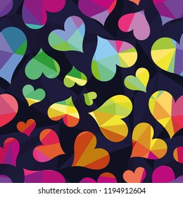 Vector pattern with many polygonal rainbow emblems of hearts isolated on dark geometric background. Seamless pattern can be used for wallpaper, pattern fills, web page background, surface textures.