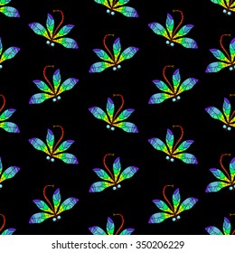 Vector pattern with many rainbow dragonflies on black background. Seamless pattern can be used for wallpaper, pattern fills, web page background,surface textures.