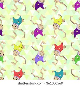 Vector pattern with many running rabbits on light triangles background. Seamless pattern can be used for wallpaper, pattern fills, web page background, surface textures.